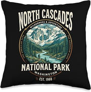 North Cascades National Park Washington Retro Mountain Badge Throw Pillow