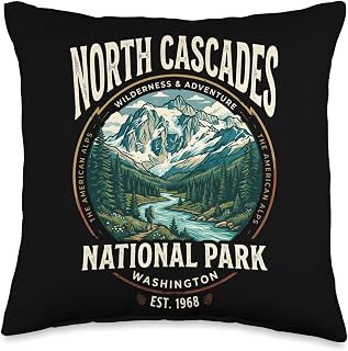 North Cascades National Park Washington Retro Mountain Badge Throw Pillow