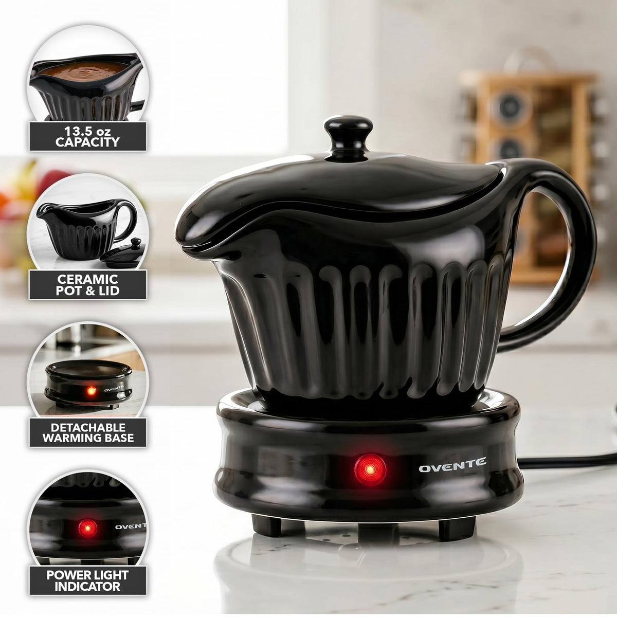 Ovente Ceramic Sauce Server, 13.5 Ounce Capacity, Black