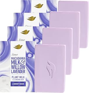 Dove Plant Milk Cleansing Bar Soap Macadamia Milk & Willow Lavender Serenity Seeker 4 Count for Moisturized Skin Gentle Cleanser, No Sulfate Cleansers or Parabens, 98% Biodegradable Formula 5 oz