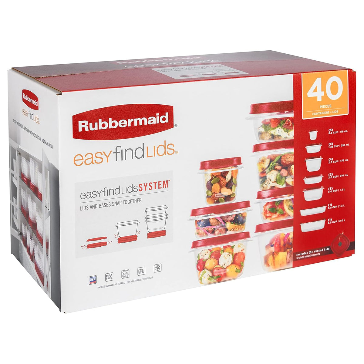 Kitchen Storage Containers with Vented Lids by Rubbermaid – 10 inches (L) x 16 inches (H), 11 liters, 11.0 liters, Plastic, Red, Pack of 40