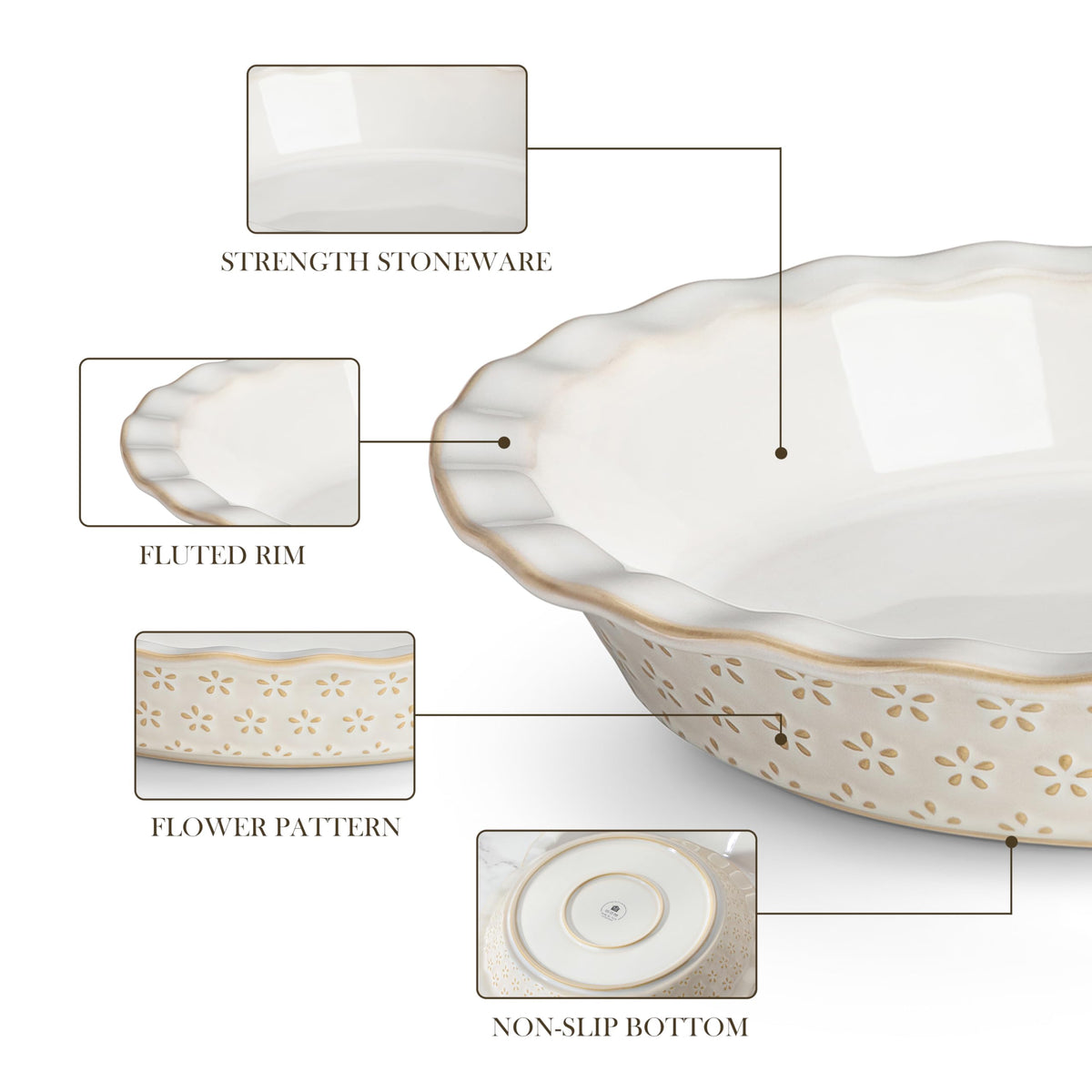 Malacasa Stoneware Pie Dish, 9 Inch Embossed, Ivory