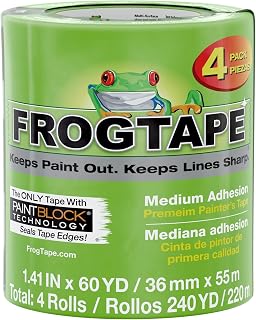 FrogTape Multi-Surface Painter's Tape with PAINTBLOCK, 2 in Wide (1.41 in x 60 yd), Quick Stick Medium Adhesion, Premium Green Painters Tape Removes Clean, 4 Rolls (240660)