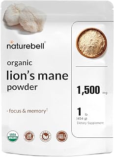 NatureBell Organic Lion's Mane Powder 1,500mg, 1 lb | Brain, Focus & Memory Support*, Whole Fruiting Body & Mycelium, Non-GMO & Gluten-Free