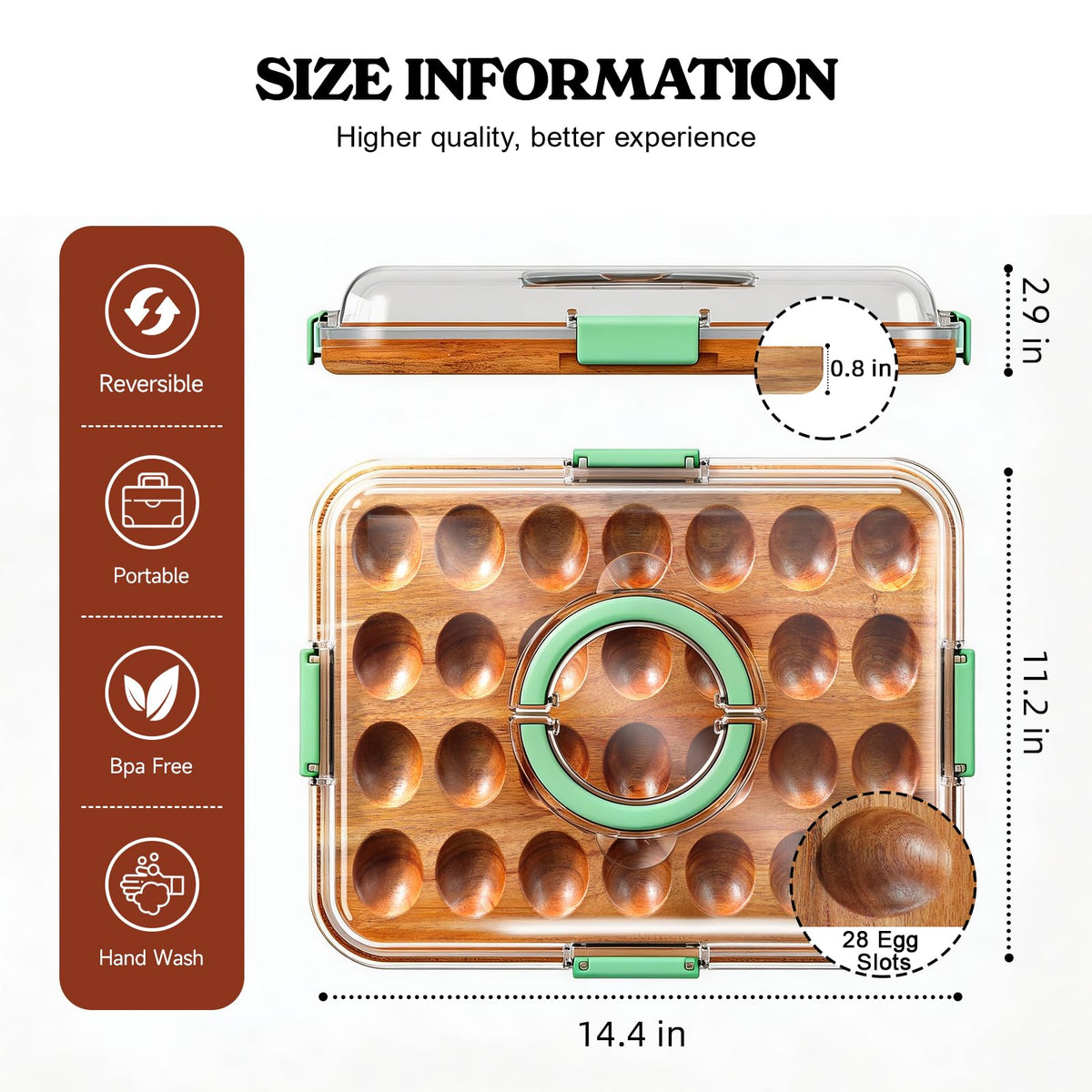 Renmxj Deviled Egg Tray with Lid, Acacia Wood Base, 28 Slots, Green