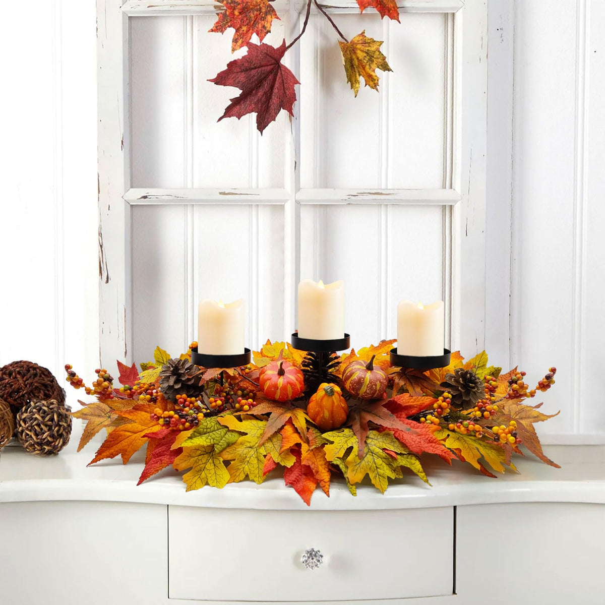 Sunnypack Harvest Candle Holder, 27.5 Inch Triple Pillar Stand, Pumpkin and Gourd Design