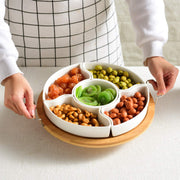 Yarlung Ceramic Divided Appetizer Tray, 11 Inch Bamboo Platter with Handles and Lid, White