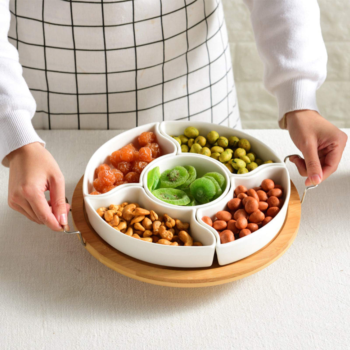 Yarlung Ceramic Divided Appetizer Tray, 11 Inch Bamboo Platter with Handles and Lid, White