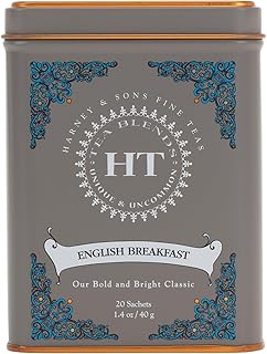 Harney & Sons HT English Breakfast Black Tea, 20 Sachets in Tin | Full-leaf black tea, Ceylon & Kenya blend, rich full-bodied flavor, caffeinated