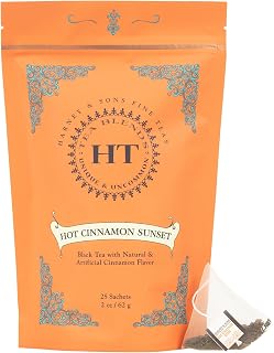 Harney & Sons Hot Cinnamon Sunset Black Tea Sachets, 25 Count | Black tea with cinnamon, orange peel and cloves. 25 sachets. Contains caffeine.