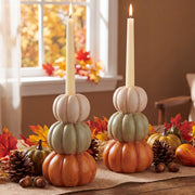 FoldTier Pumpkin Candle Holders, 5.9 Inch Resin Set of 2, Orange White Green