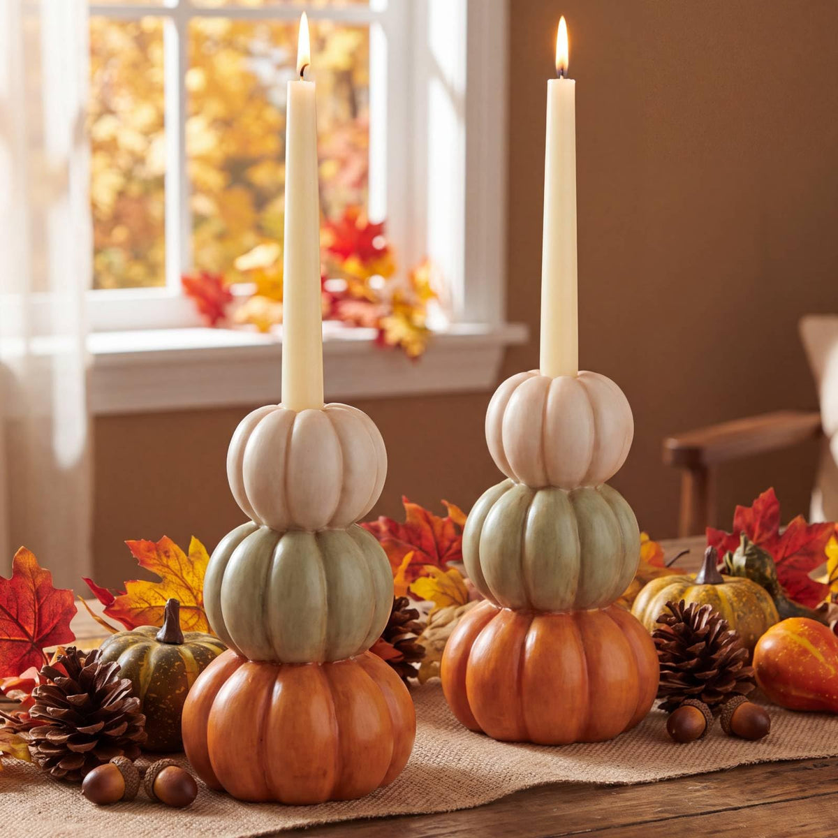 FoldTier Pumpkin Candle Holders, 5.9 Inch Resin Set of 2, Orange White Green