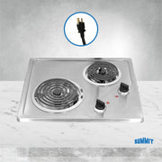 Summit 21" 2 Burner Electric Cooktop. 115 Volt Coil Electric Cooktop by SUMMIT APPLIANCE – 115-120V, Stainless Steel, Model CR2B122