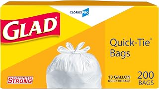 Glad CloroxPro Quick-Tie Tall Kitchen Trash Bags, 13 Gallon, 200 Count, Package May Vary
