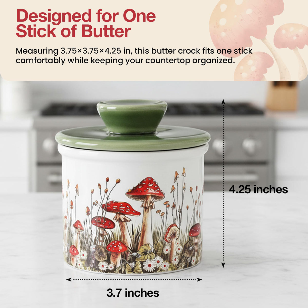 Fungi Fun Mushroom Butter Keeper, Ceramic Crock, White and Green