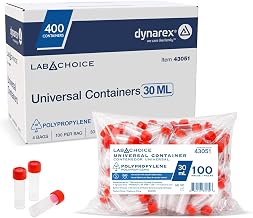 Dynarex LabChoice Universal Containers - Polypropylene - 30 mL Specimen Vial with Screw-On Cap - Solid and Liquid Sample Collection - 100 per Bag, 4 Bags per Case