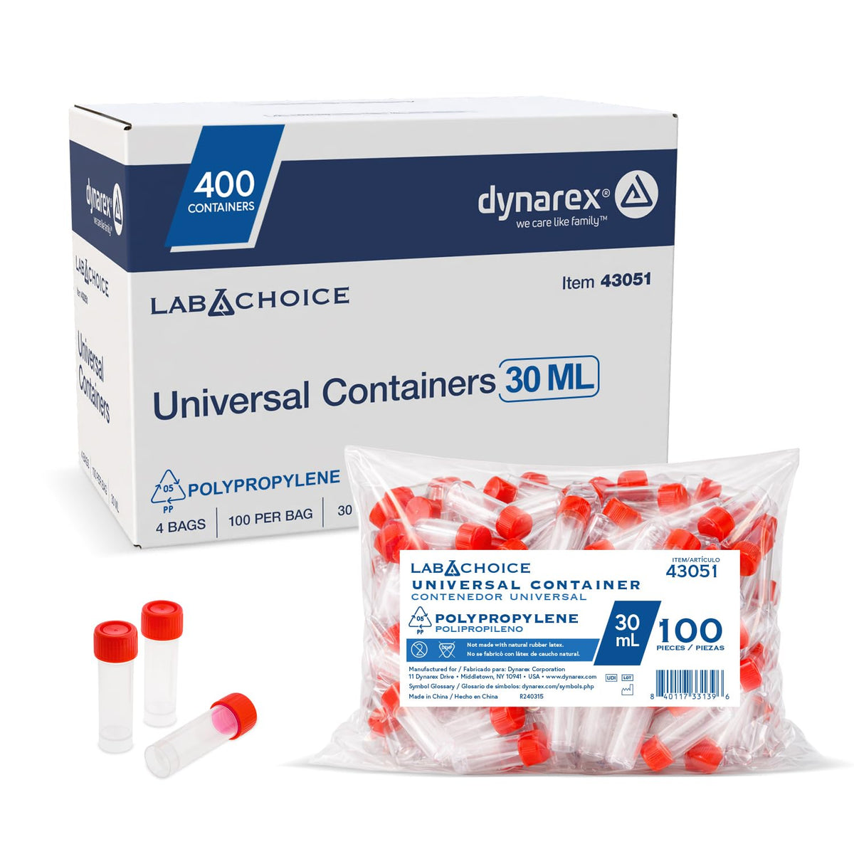 LabChoice Universal Containers - Polypropylene - 30 mL Specimen Vial with Screw-On Cap - Solid and Liquid Sample Collection - 100 per Bag by Dynarex – 400 Count, Model 43051