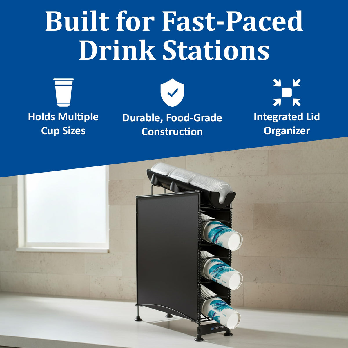 San Jamar 4 Positions / Side Panels / 3 Cup + 1 Lid / Black Food Dispensers