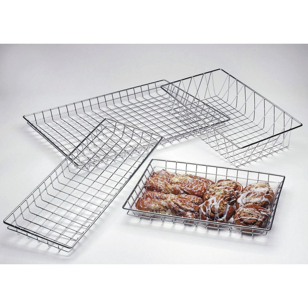 Wire Display Basket Rectangular Chrome Plated Pastry Basket Bakery Tray - 26"L x 9"W x 2"H by HUBERT – Metal, Silver