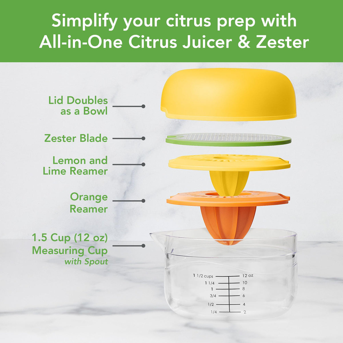 Juicer Citrus 3 in 1 by Tovolo – 5.67" Tall, 1.5 cups, Silicone Lid, Plastic Base, Yellow, Model 1001027