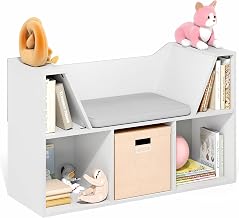 Furinno LOVA Book Shelf with Reading Nook, 5-Cube Bookshelf with 22.4" Wide Seat Cushion, Reading Nook, Organizers and Storage with Bench, for Bedroom, Living Room, White