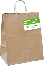 Responsible Products 13" x 15.7" x 9.1" Paper Handle Shopping Bag, Plastic-Free, Recyclable, Made without PFAS, Natural Brown (200 count)