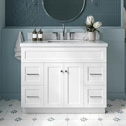 ARIEL Hamlet 42-inch Bathroom Vanity with Sink,Solid Wood, 1.5-inch Italian Carrara Marble Countertop, Single Rectangular Porcelain Sink, 2 Soft Closing Doors, 4 Dovetail Drawers, White