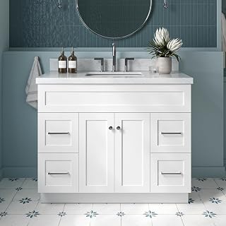 ARIEL Hamlet 42-inch Bathroom Vanity with Sink,Solid Wood, 1.5-inch Italian Carrara Marble Countertop, Single Rectangular Porcelain Sink, 2 Soft Closing Doors, 4 Dovetail Drawers, White
