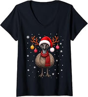Women's Emu Bird Christmas Santa Hat Scarf Festive Decor Xmas V-Neck T-Shirt