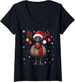 Women's Emu Bird Christmas Santa Hat Scarf Festive Decor Xmas V-Neck T-Shirt