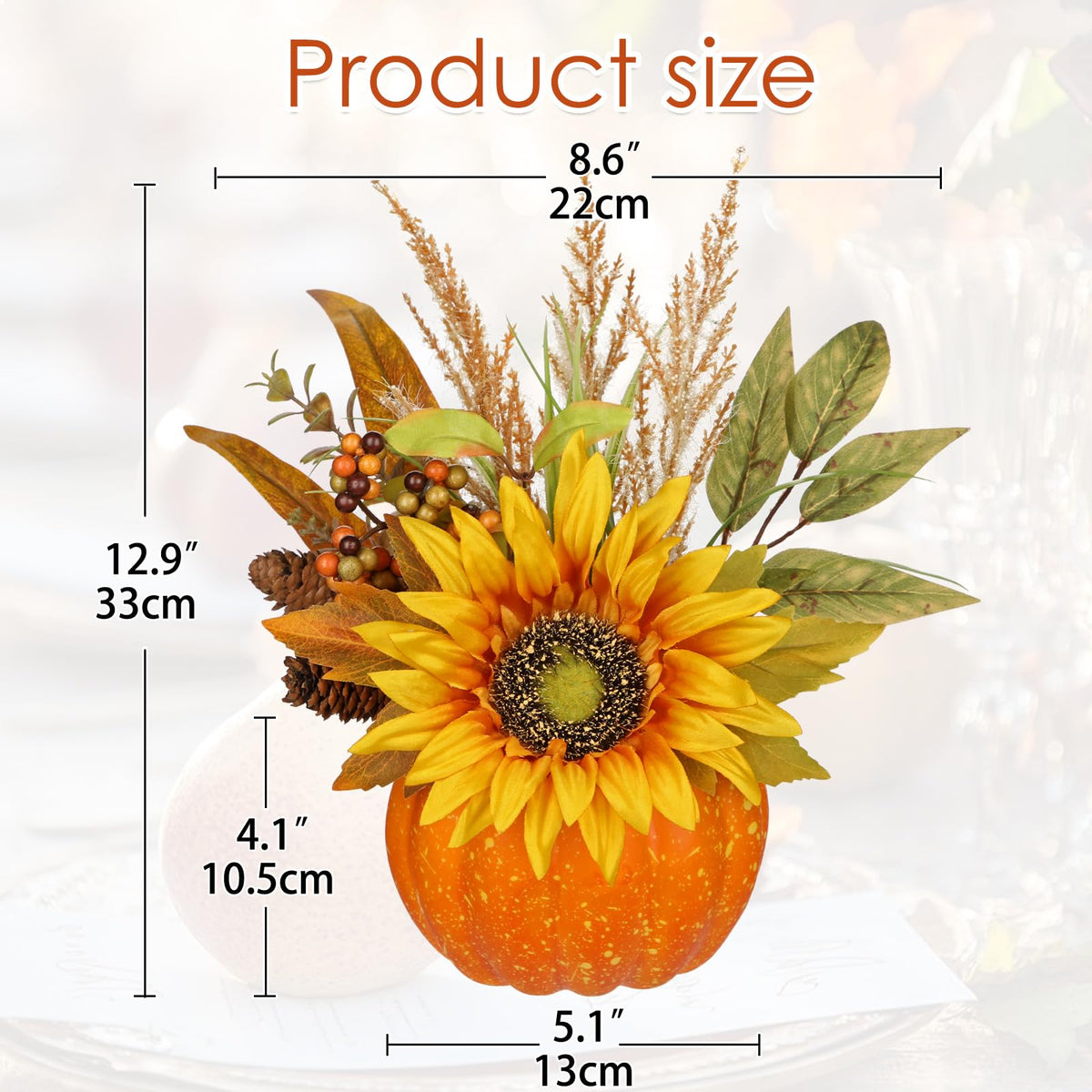 Arborus Artificial Pumpkin Arrangement, 13.7 Inch Tall, Orange Sunflower