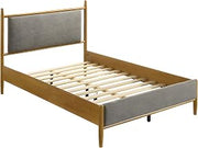 Furnifact Fabric-Upholstered Full Size Platform Bed with Panel Headboard, Mid-Century Modern Full Bed Frame with Headboard and Batten Slats, Light Brown