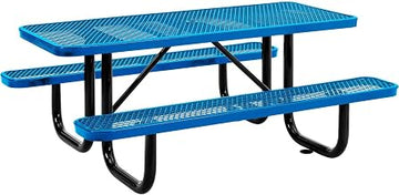 Global Industrial 6â€™L Rectangular Picnic Table, Expanded Metal, Blue | Thermoplastic Coating, Attached Benches, 1-1/2â€ Umbrella Pole Hole, Outdoor-Rated, 1000 lb Capacity, 72â€ x 30â€ Tabletop