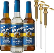 Torani Sugar Free Syrup, Coffee Lovers Variety 3-Pack, Vanilla, Classic Caramel, Classic Hazelnut Syrup for Drinks, Zero Calories, Pumps Included, 25.4 Fl Oz Ea
