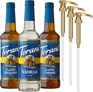 Torani Sugar Free Syrup, Coffee Lovers Variety 3-Pack, Vanilla, Classic Caramel, Classic Hazelnut Syrup for Drinks, Zero Calories, Pumps Included, 25.4 Fl Oz Ea