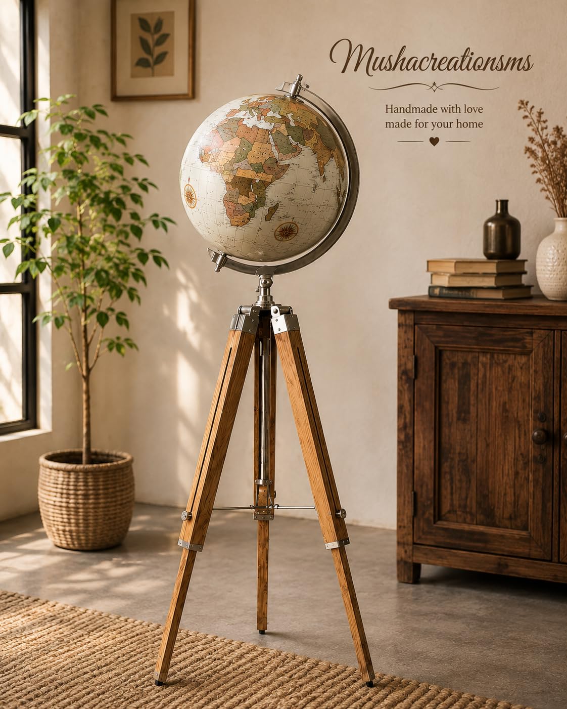 Wooden Tripod World Map Decor Explorer Home Office Accent Globe by Generic – Metal, Multicolor, Model Wtg-worldmap-001