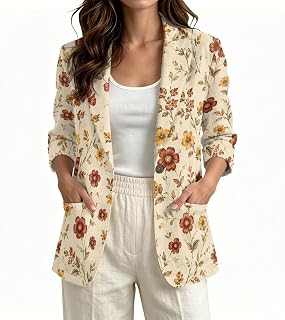Linen Like Blazer for Women, Single Button Lapel Casual Blazer