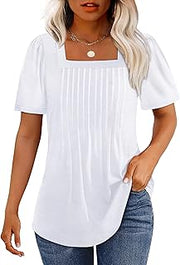 T Shirts for Women Pleated Square Neck Dressy Casual Blouses Puff Short Sleeve Summer Tops Loose Fit