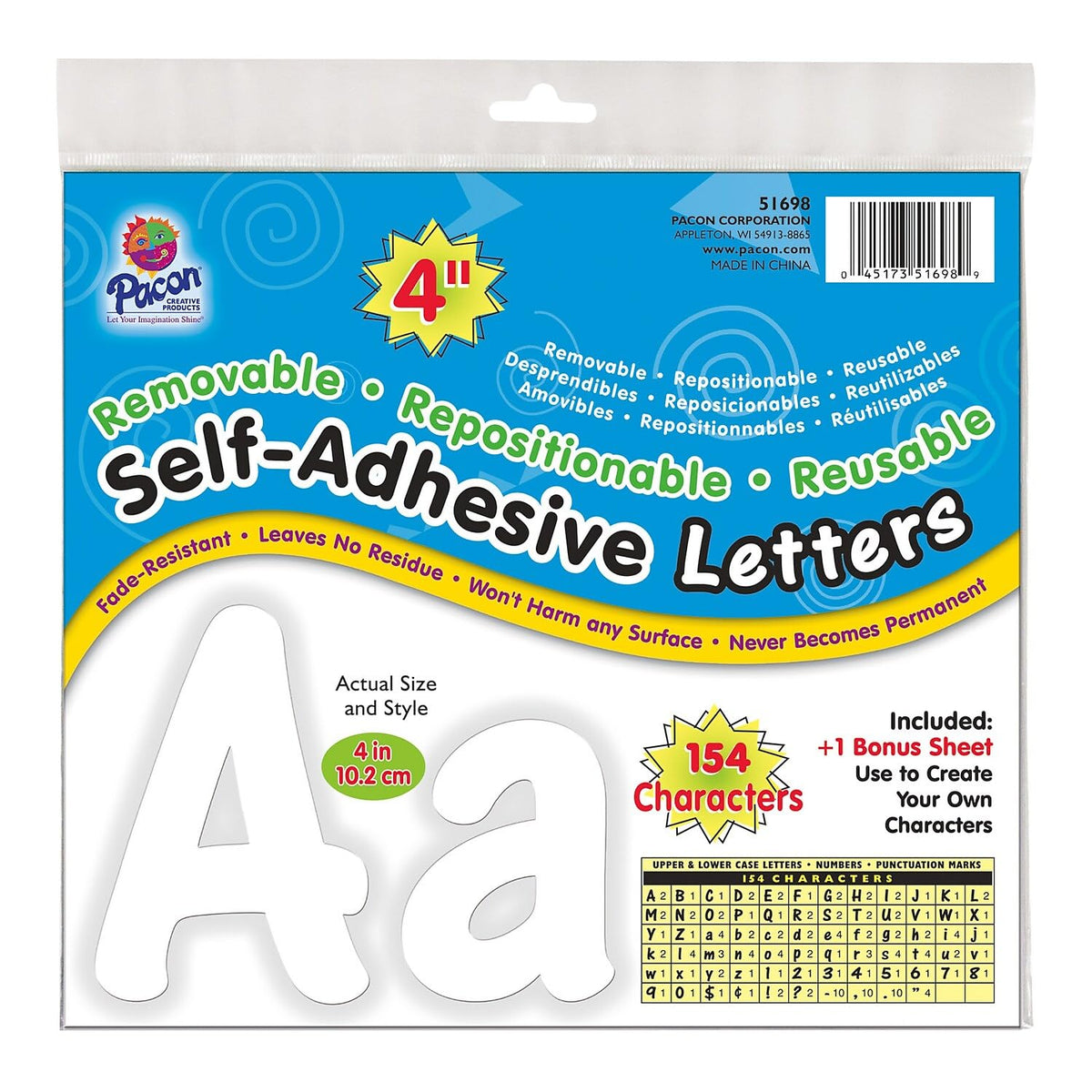 Reusable Self-Adhesive Vinyl Letters & Numbers Cheery Font 4" White by Pacon – 4-Inch, Plastic Articles, White, Model P0051698