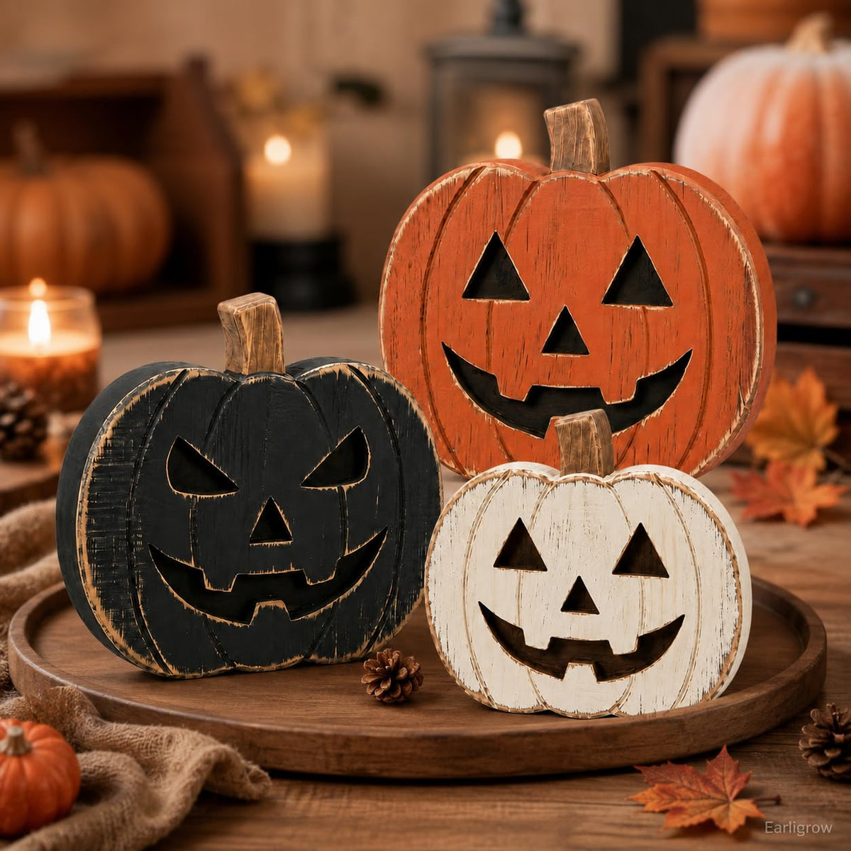 Earligrow Wood Pumpkin Set, Distressed Finish, Black and Orange