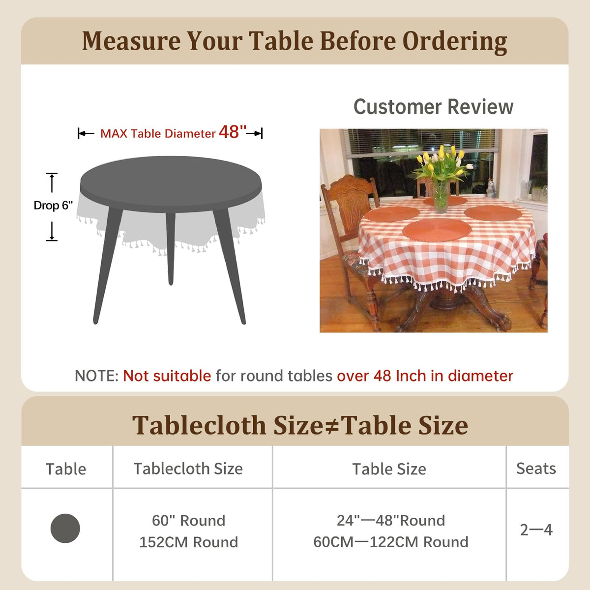 Laolitou Checkered Round Tablecloth, 60 Inch with Tassels, Orange