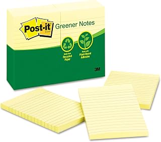 Post-it Greener Notes Recycled Notes, 4 x 6, Lined, Canary Yellow, 12 100-Sheet Pads/Pack