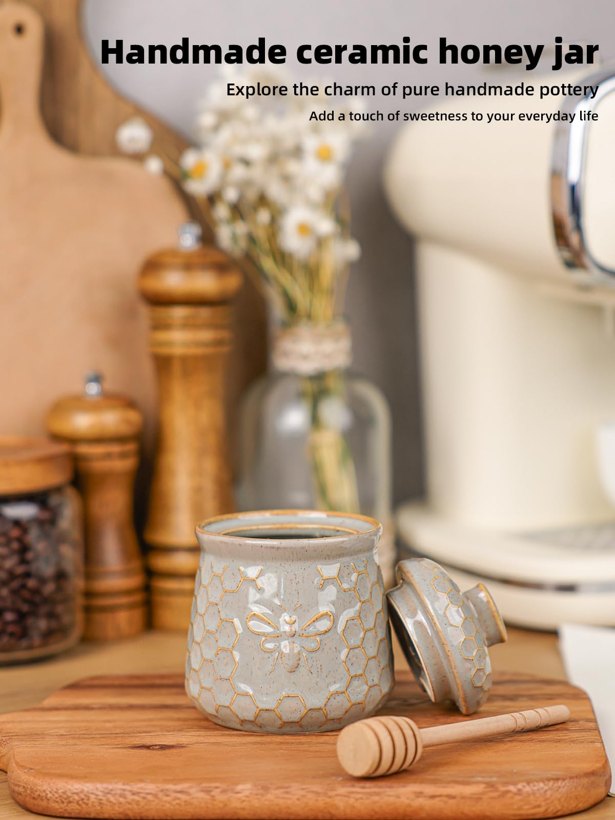 Quxija Ceramic Honey Pot with Dipper and Lid, 10oz, Vintage Grey