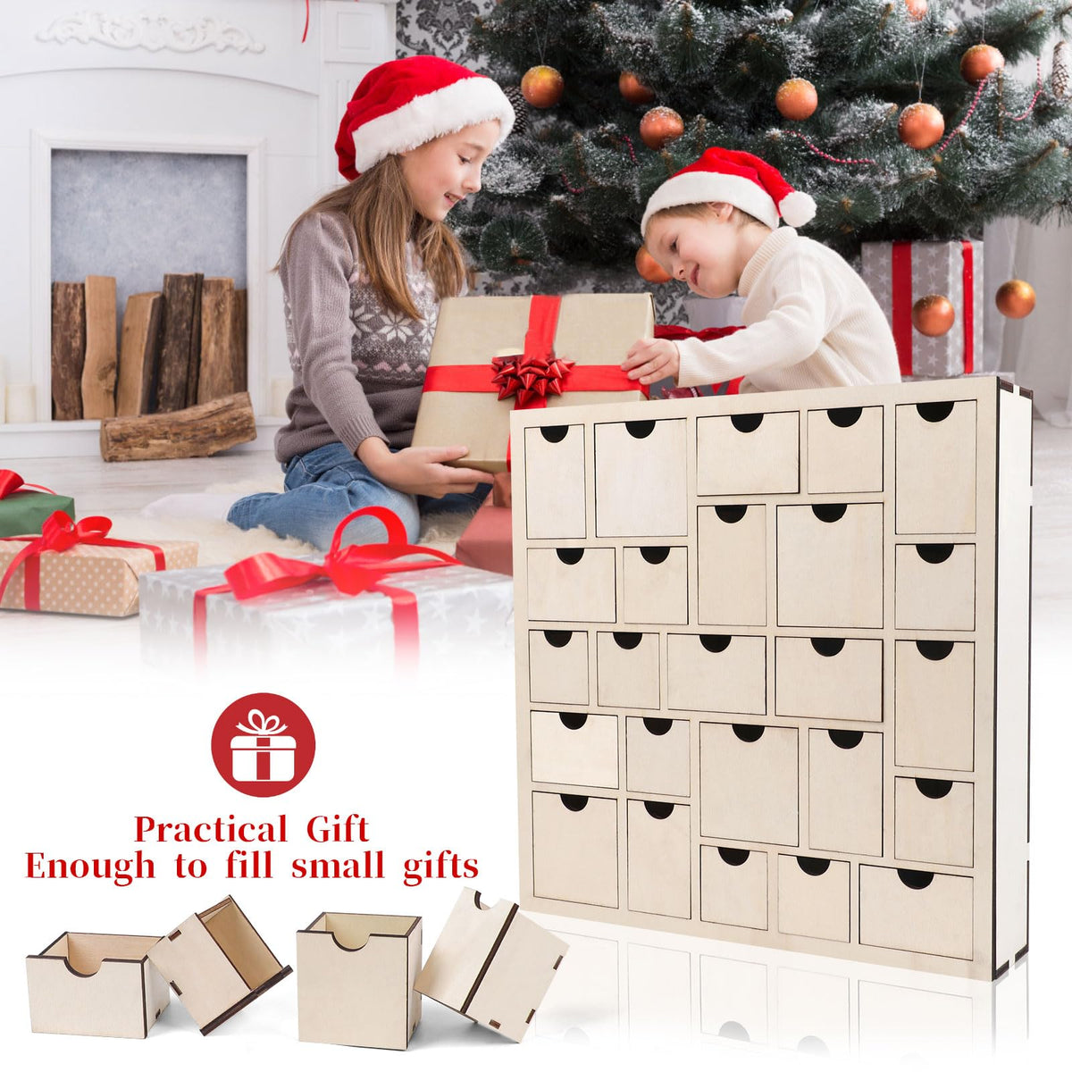 CCINEE Wooden Advent Calendar, 25 Drawers, Natural Wood