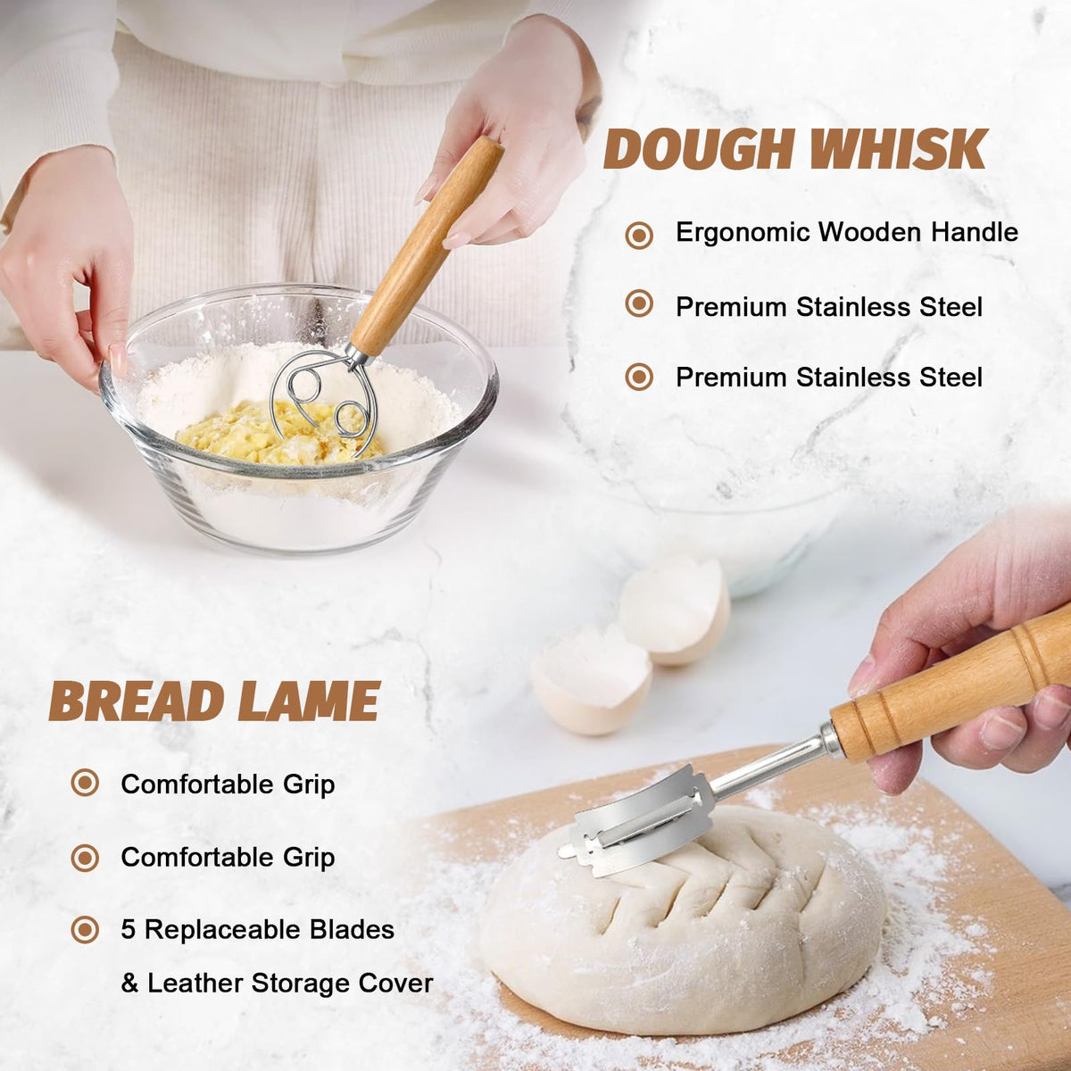 EWFEN Bread Proofing Basket Set, 9 Inch Round and 10 Inch Oval, 9 Piece Kit, Natural