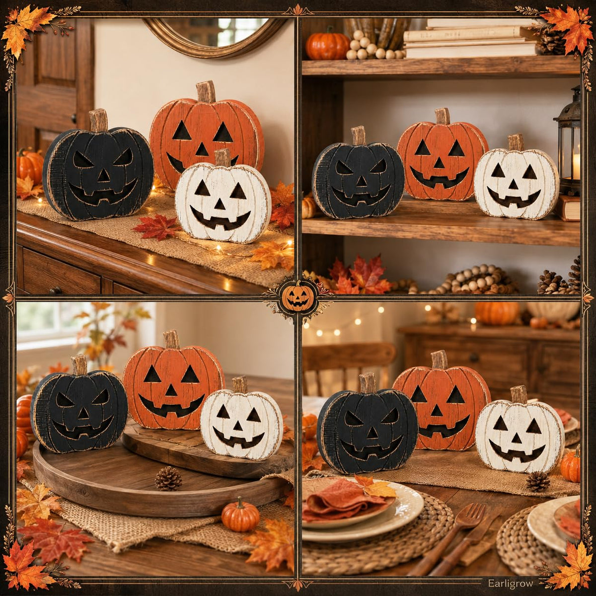 Earligrow Wood Pumpkin Set, Distressed Finish, Black and Orange