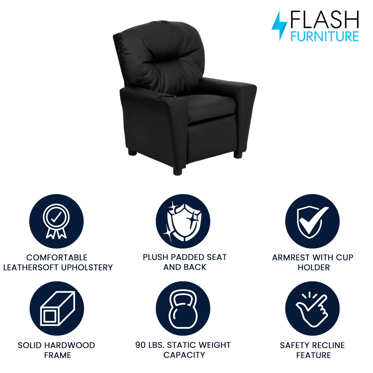 Chandler LeatherSoft Kids Recliner with Cup Holder and Safety Recline by Flash Furniture – 25" - 39"D x 24.5"W x 28"H, Model BT-7950-KID-BK-LEA-GG