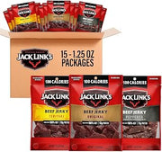 Jack Link's Beef Jerky Variety Pack - Original, Teriyaki & Peppered - (15 Pack) 1.25 oz Bags - Ready to Eat Real Meat Protein Snacks - Made with 100% Real Beef