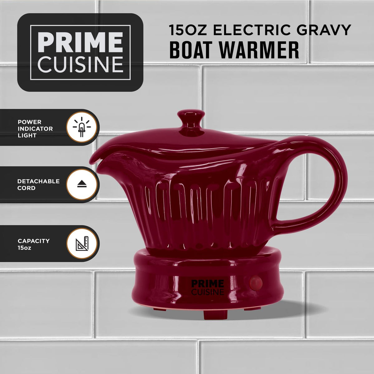 Prime Cuisine Ceramic Gravy Boat Warmer, 17 Ounces, Burgundy