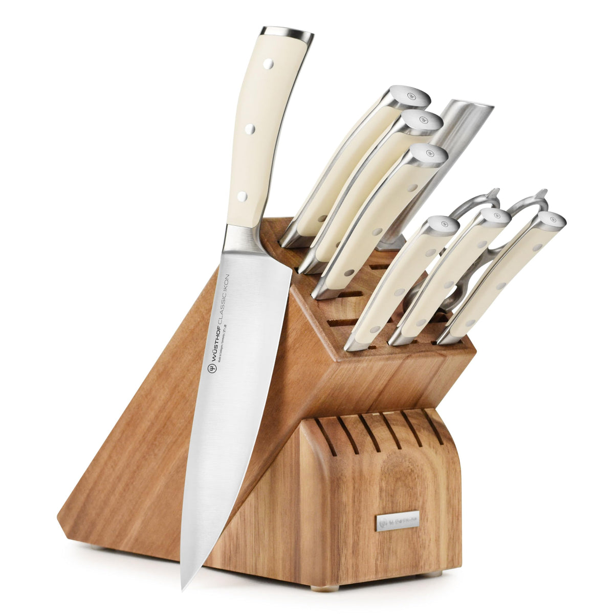 Wusthof Classic 10 Piece Knife Set with Acacia Block by Wüsthof – Stainless Steel,Steel, Acacia Block, Pack of 10, Model Ikon Creme